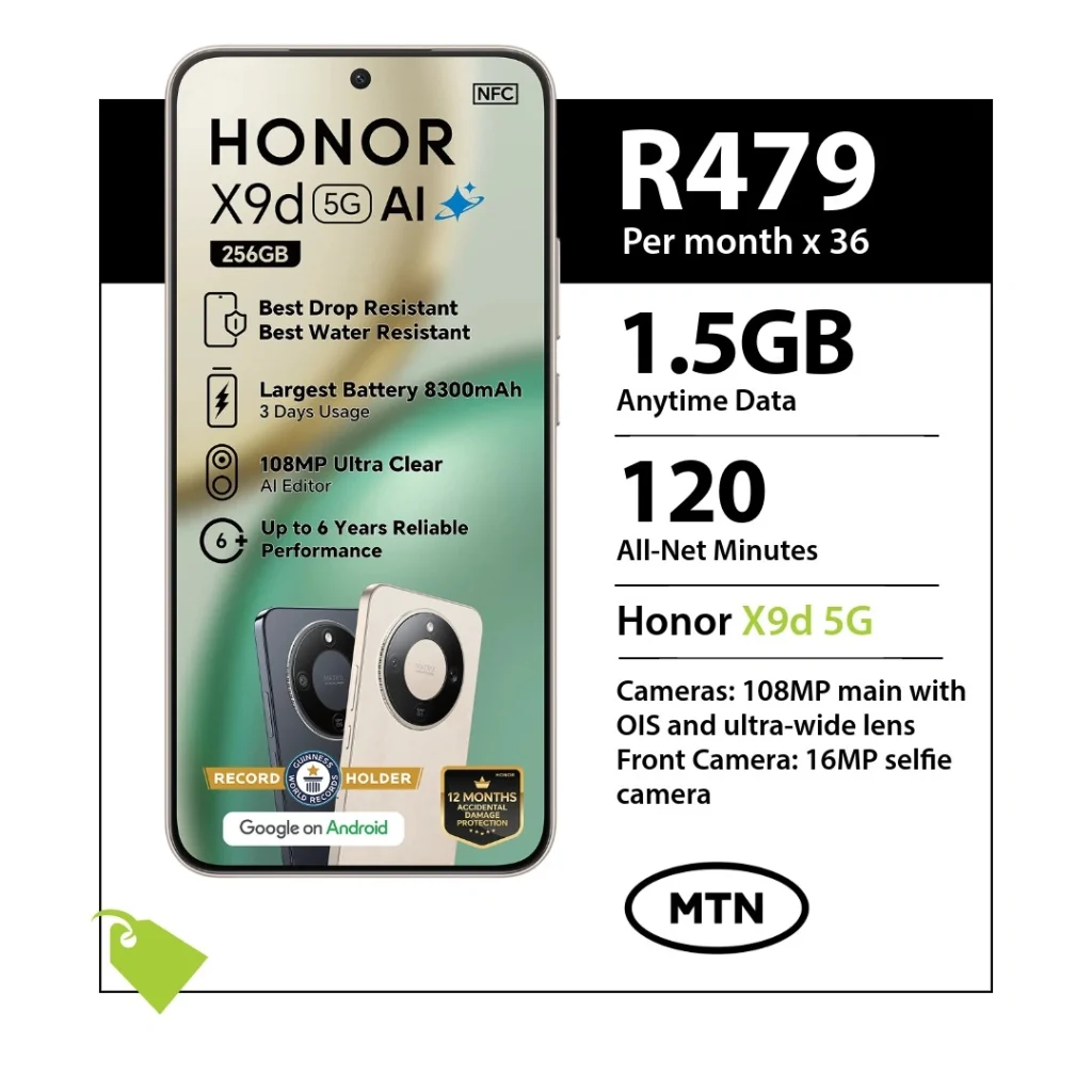 Honor X9d AI on MTN Yellow Plus for R479 per month over 36 months with 1.5GB data and 120 All-Net Minutes.