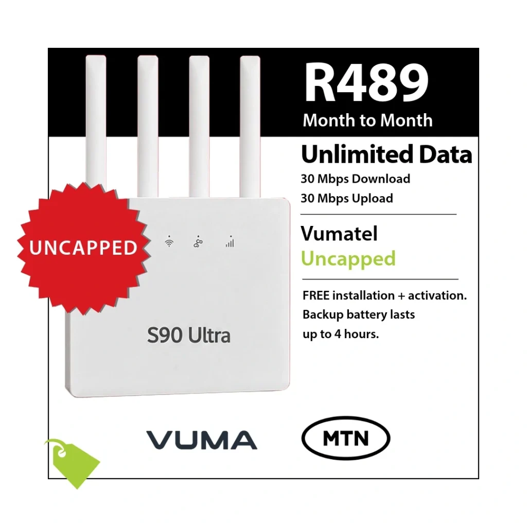 MTN Vumatel Uncapped Fibre 30Mbps with S90 Ultra router for R489 per month on a month-to-month plan.