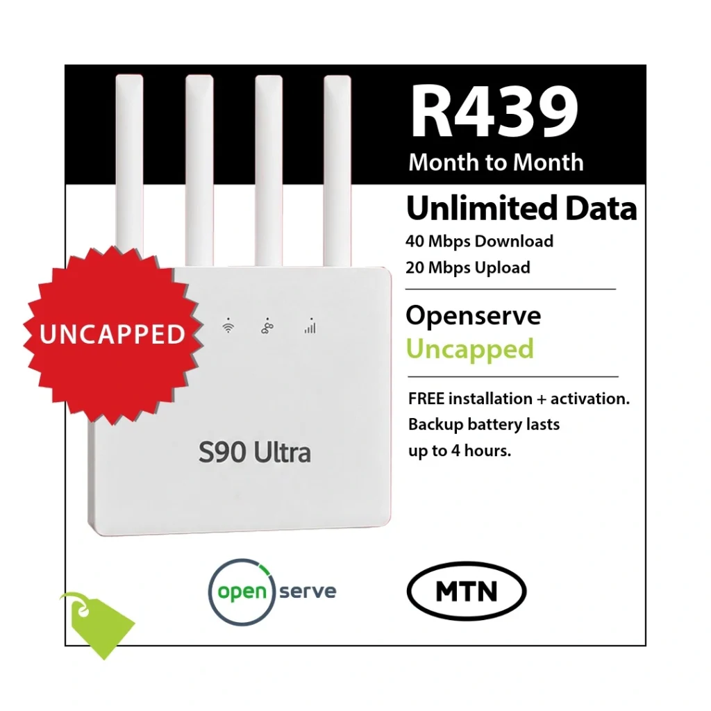 MTN Openserve Uncapped Fibre 40Mbps with S90 Ultra router for R439 per month on a month-to-month plan.