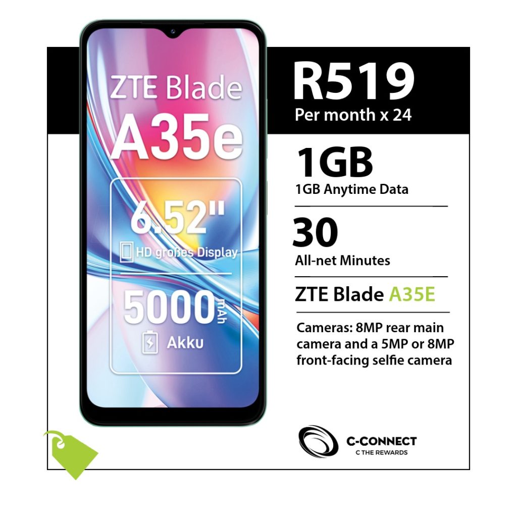 ZTE Blade A35e C-Connect deal for R519 x 24 months with 1GB Anytime Data and 30 All-net Minutes.