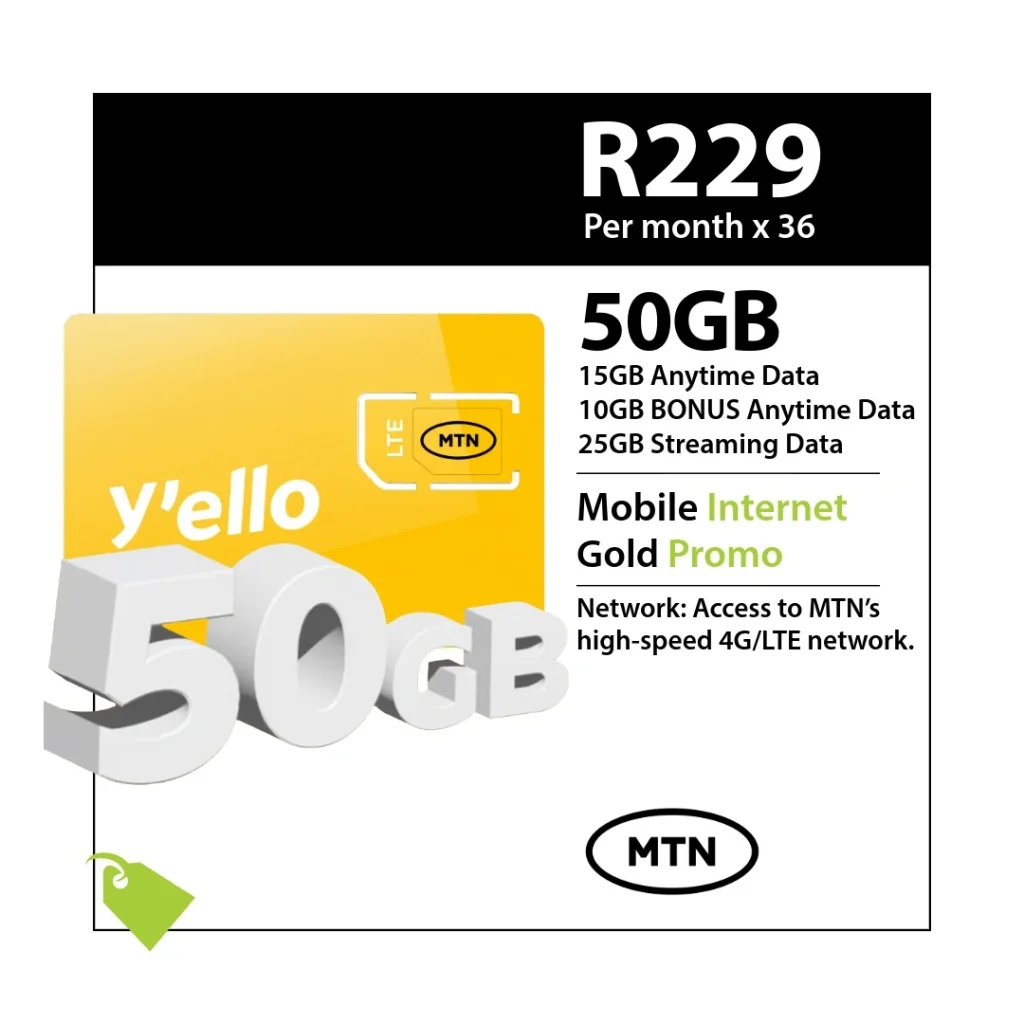 Mobile Internet on Gold Promo 50GB for R229 per month over 36 months with Anytime, bonus and streaming data.