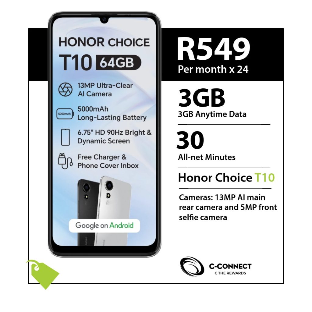 HONOR CHOICE T10 64GB C-Connect deal for R549 x 24 months with 3GB Anytime Data and 30 All-net Minutes.