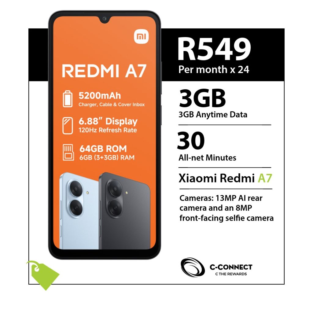 Xiaomi Redmi A7 64GB C-Connect deal for R549 x 24 months with 3GB Anytime Data and 30 All-net Minutes.
