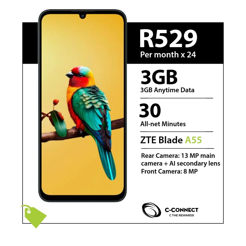 ZTE Blade A55 C-Connect deal for R529 x 24 months with 3GB Anytime Data and 30 All-net Minutes.