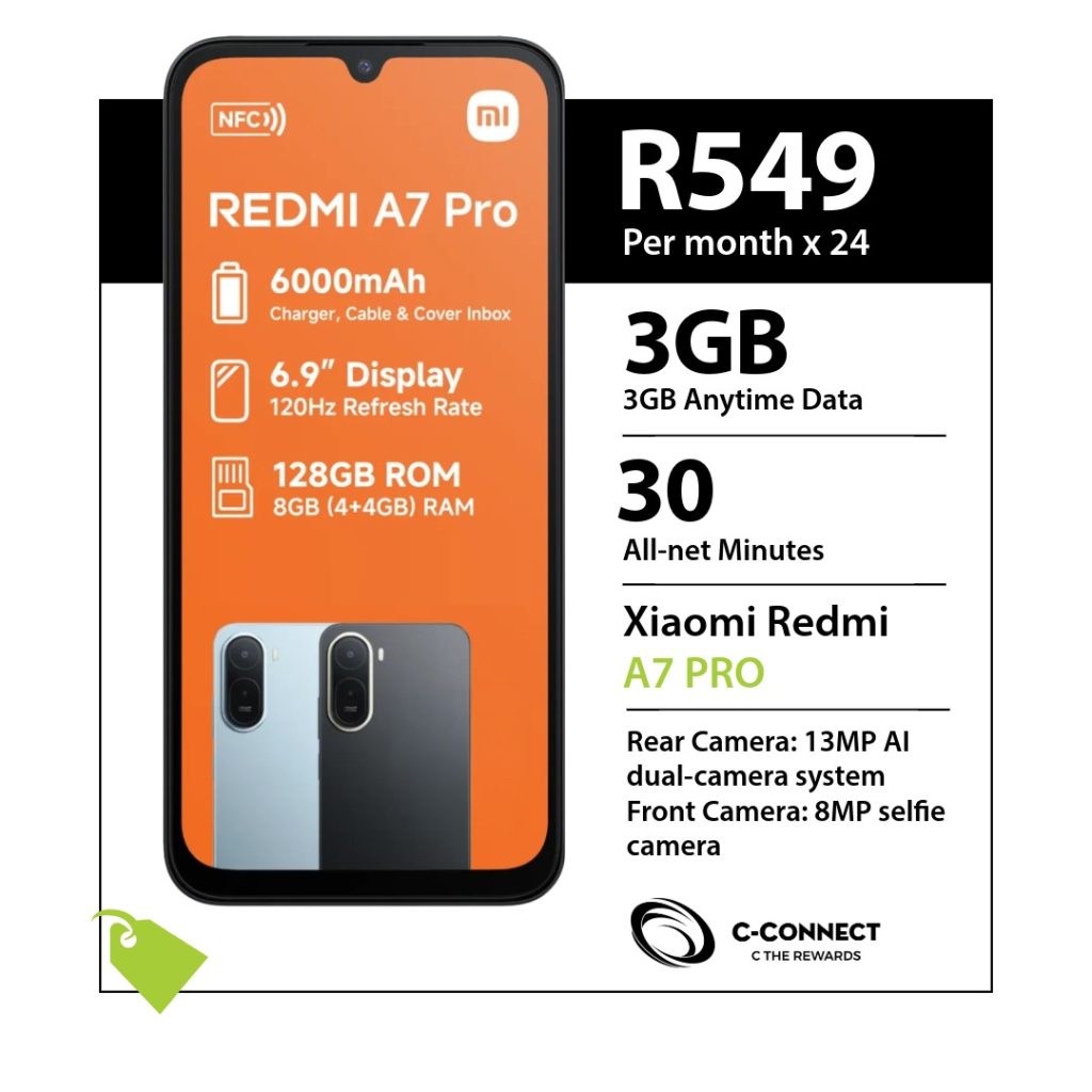 Xiaomi Redmi A7 Pro 128GB C-Connect deal for R549 x 24 months with 3GB Anytime Data and 30 All-net Minutes.