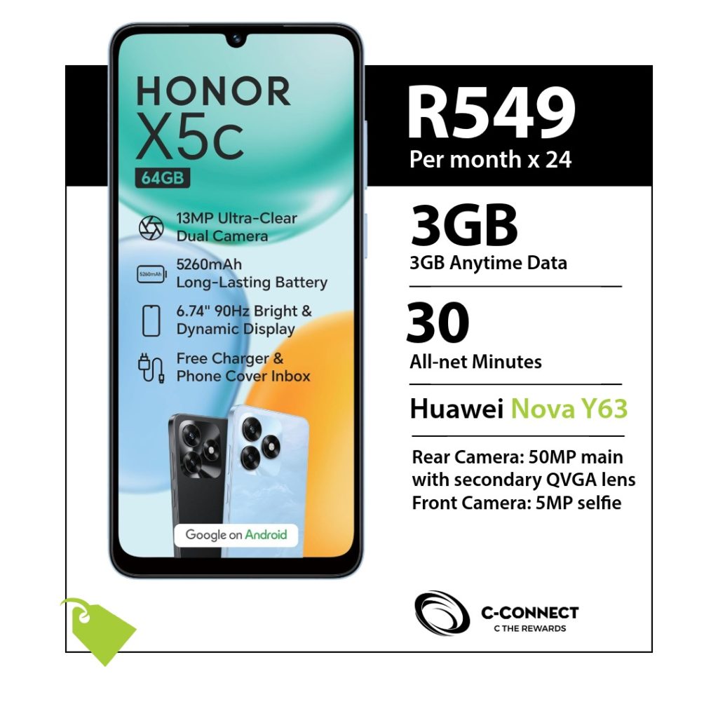 HONOR X5c 64GB C-Connect deal for R549 x 24 months with 3GB Anytime Data and 30 All-net Minutes.