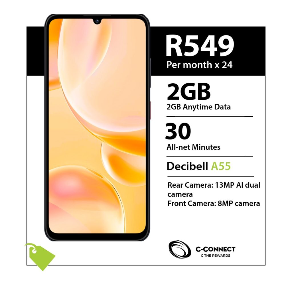 Decibell A55 C-Connect deal for R549 x 24 months with 2GB Anytime Data and 30 All-net Minutes.