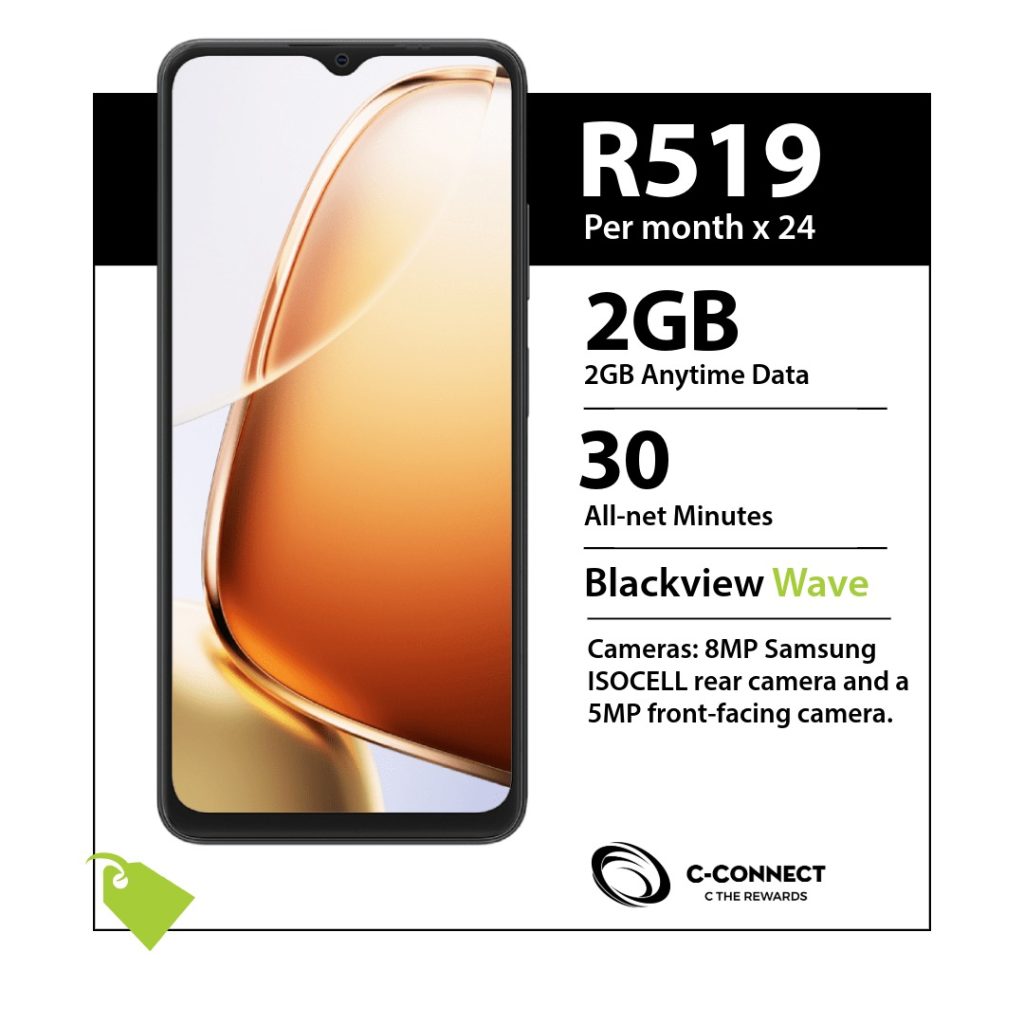 Blackview Wave C-Connect deal for R519 x 24 months with 2GB Anytime Data and 30 All-net Minutes.