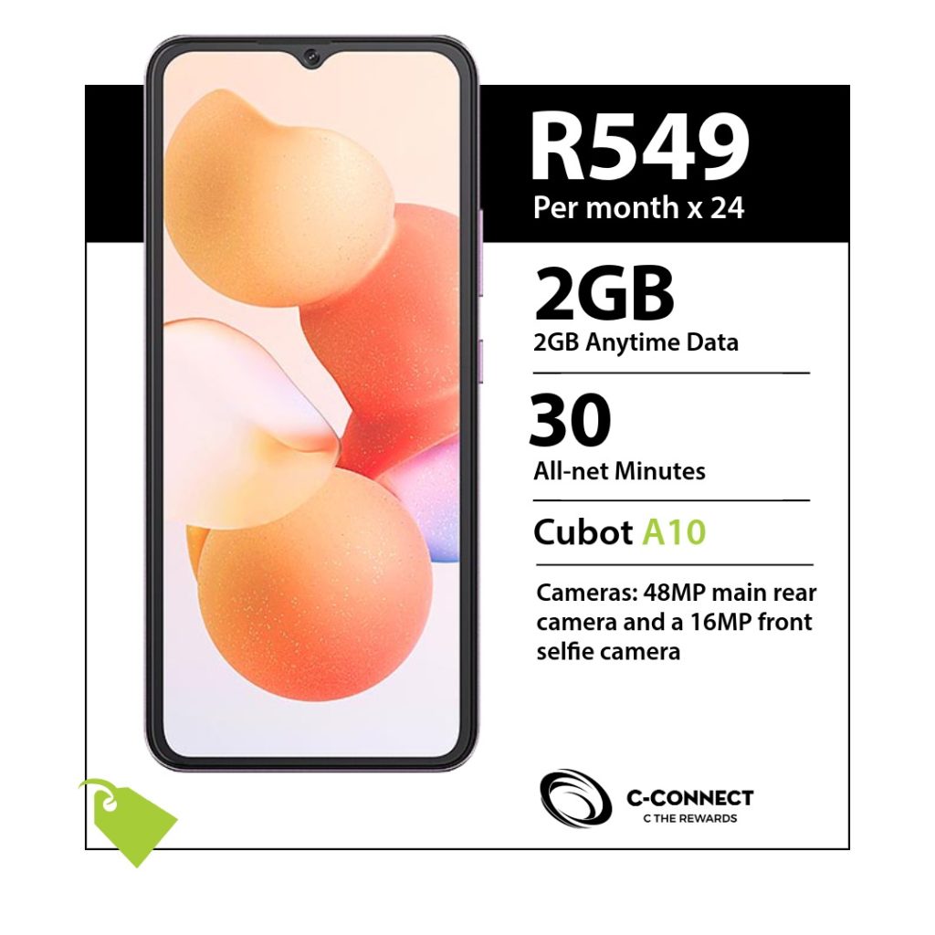 Cubot A10 C-Connect deal for R549 x 24 months with 2GB Anytime Data and 30 All-net Minutes.