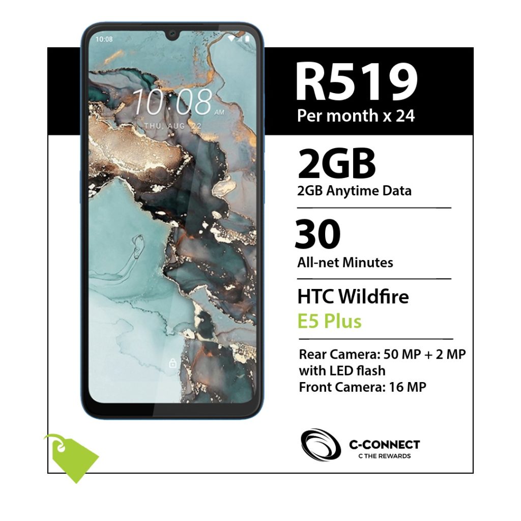 HTC Wildfire E5 Plus C-Connect deal for R519 x 24 months with 2GB Anytime Data and 30 All-net Minutes.