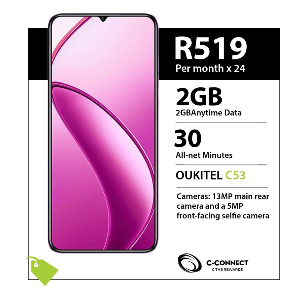 OUKITEL C53 C-Connect deal for R519 x 24 months with 2GB Anytime Data and 30 All-net Minutes.