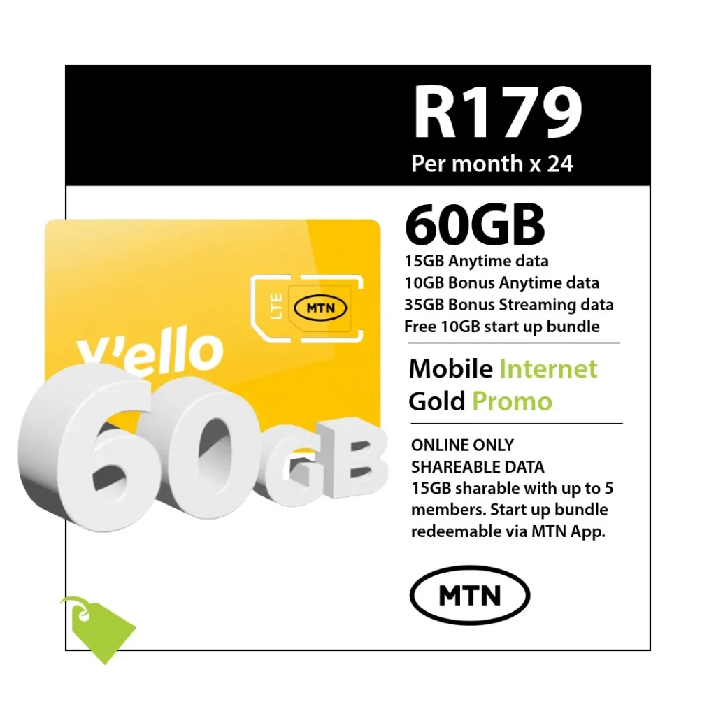 MTN Mobile Internet Gold Promo 60GB data deal for R179 x 24 months with 15GB Anytime Data, 10GB Bonus Anytime Data and 35GB Bonus Streaming Data.