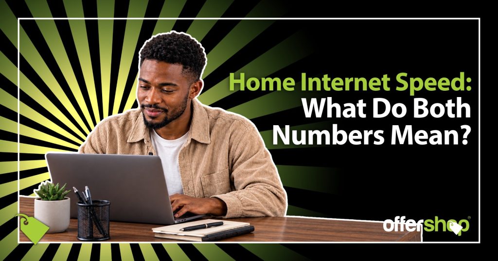 A man using a laptop with an Offershop-branded background, illustrating how to choose internet speed for home by understanding download and upload speeds.